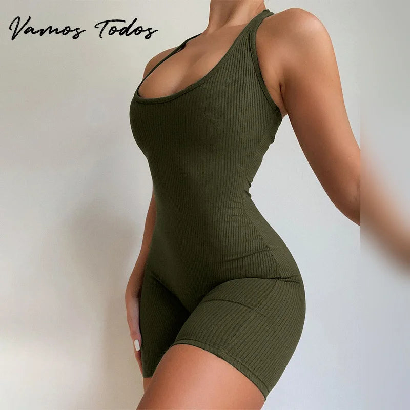 Vamos Todos 2021 Summer Basic Solid Jumpsuit For Women Crop Top Skinny Shorts Women Bodycon Bodysuit Sports Casual Ropa De Mujer