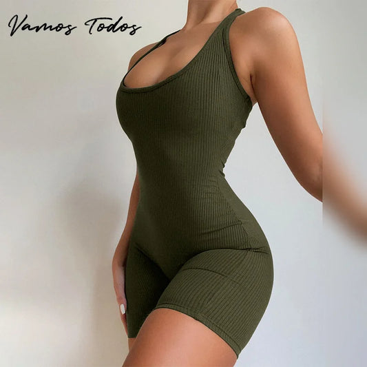 Vamos Todos 2021 Summer Basic Solid Jumpsuit For Women Crop Top Skinny Shorts Women Bodycon Bodysuit Sports Casual Ropa De Mujer