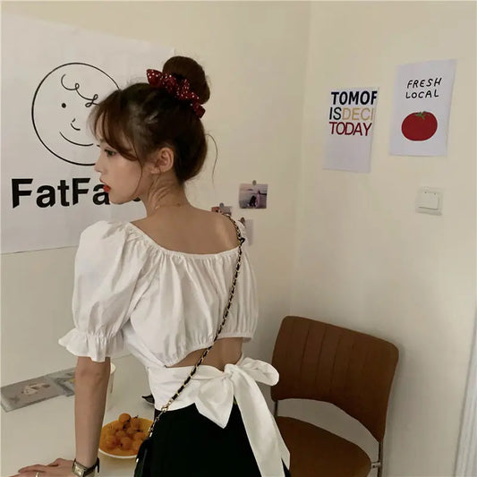 Blusa elegante con cordones y espalda descubierta para mujer joven, blusa elegante de moda de verano de manga corta, corte bajo, sexy, nueva