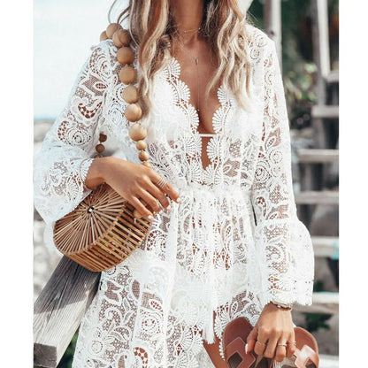 Summer Lace Croche Dress Women Sexy Crochet Bikini Cover Up Floral Ladies Bathing Swimwear Beach Suit Woman Beachwear