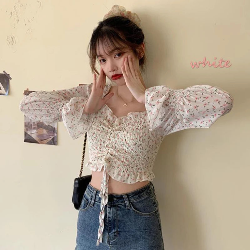 Floral Youth Elegant Blouse Women Crop Top Pretty Blouses Chic Fashion Blouse Shirt For Party  Puff sleeve Off shoulder