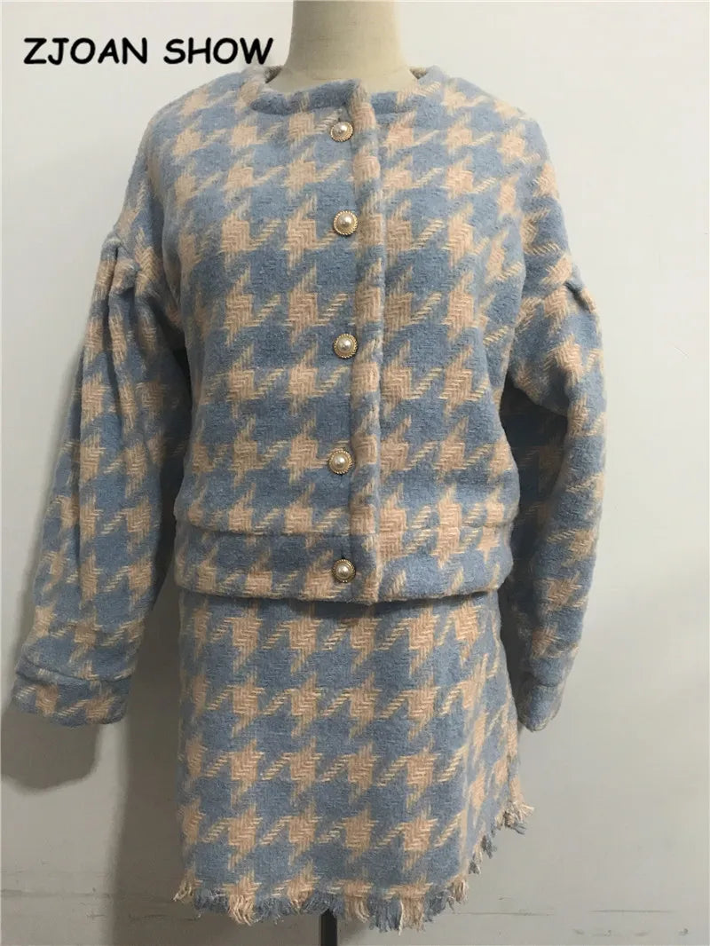 Conjunto de 2 piezas de blazer vintage a cuadros con botones de perla y cuadros vichy para mujer, cintura alta, corte en A, minifalda corta y manga larga