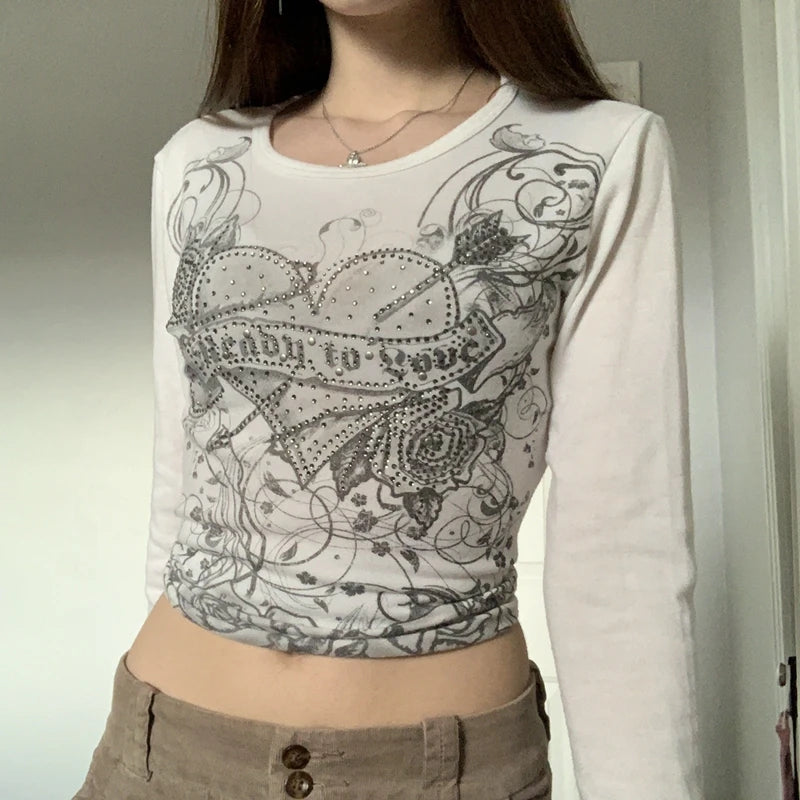 Fairycore Top White Cartoon Y2k Aesthetic T Shirt Long Sleeve O Neck Pullovers Wome Autumn Harajuku Tee Casual Basic