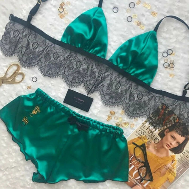 Pijamas de mujer, ropa de dormir sexy con sujetador de encaje, lencería de satén de seda, top corto, conjuntos de sujetador y pantalones cortos, cuello en V, sin mangas, ropa de dormir sin costuras, 2 piezas