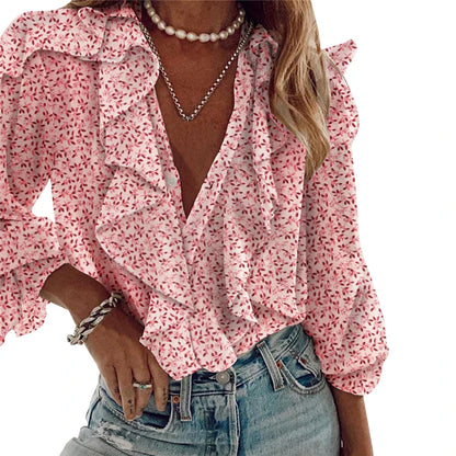 Women Long Sleeve Blouse Elegant V-neck Sexy Shirt Casual Office Ladies Blouses Elegant Woman Clothes Ruffles Shirts