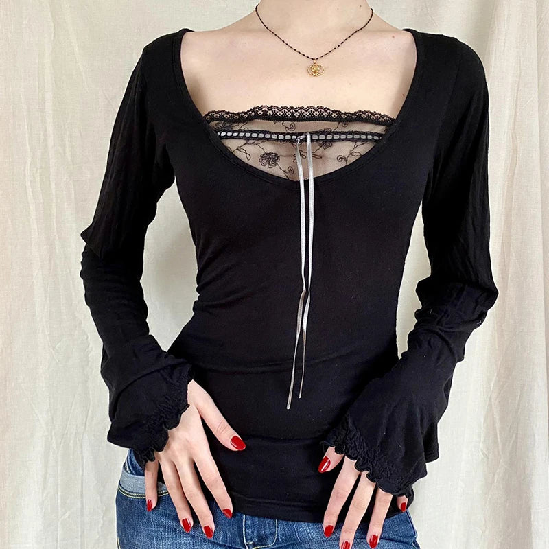 Sexy Lace Patchwork Solid Casual Basic Tshirt Women Vintage Black Long Sleeve Top Tees Cute Pullovers Chic Clubwear
