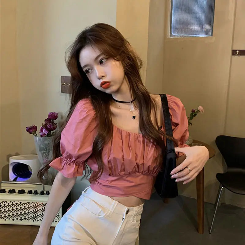 Lace up Backless Top Elegant Youth Woman Blouses Chic Fashion Short sleeve Summer Shirt Low cut Sexy  New