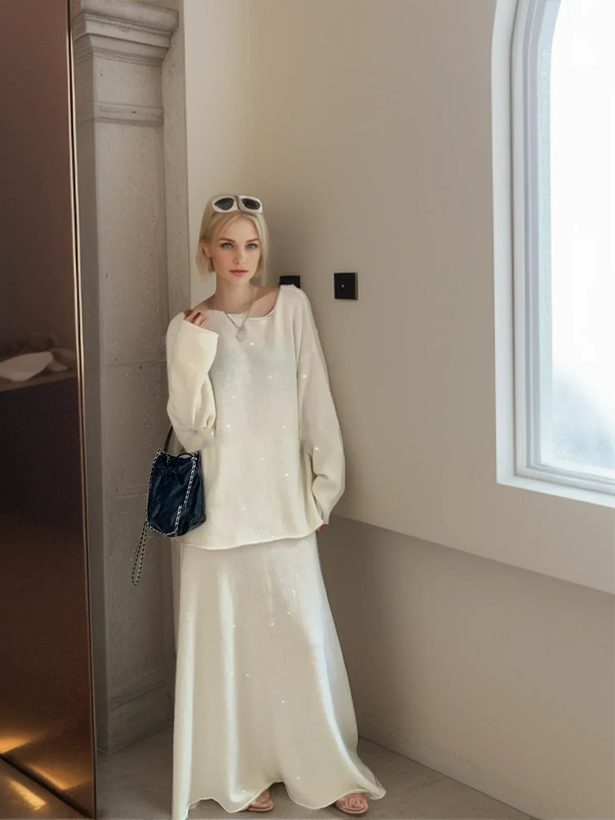 Sexy Soft Elegant Vintage Women Suits 2 Pieces Female Sets Slash Neck Sweater & Midi Dress Bling Knitted TrackSuit