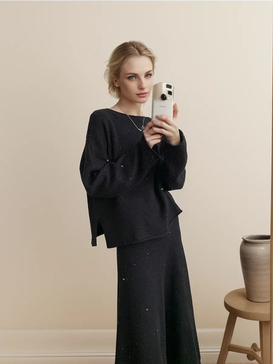 Sexy Soft Elegant Vintage Women Suits 2 Pieces Female Sets Slash Neck Sweater & Midi Dress Bling Knitted TrackSuit