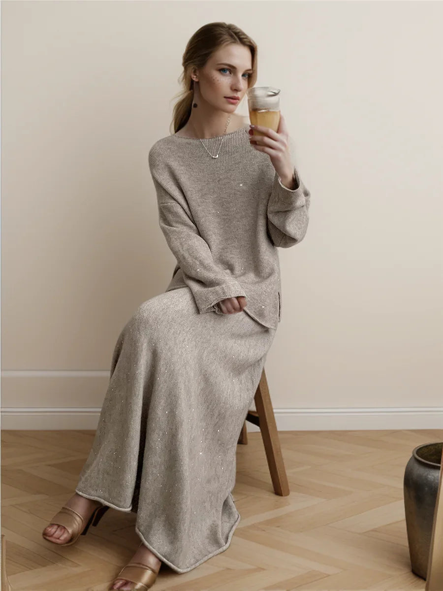 Sexy Soft Elegant Vintage Women Suits 2 Pieces Female Sets Slash Neck Sweater & Midi Dress Bling Knitted TrackSuit