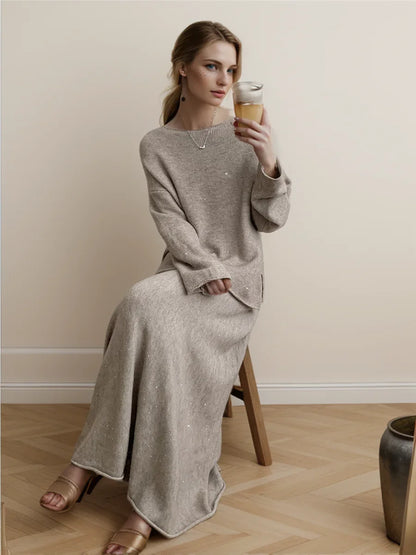 Sexy Soft Elegant Vintage Women Suits 2 Pieces Female Sets Slash Neck Sweater & Midi Dress Bling Knitted TrackSuit