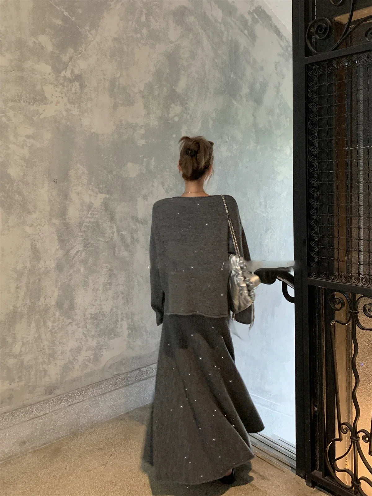 Sexy Soft Elegant Vintage Women Suits 2 Pieces Female Sets Slash Neck Sweater & Midi Dress Bling Knitted TrackSuit