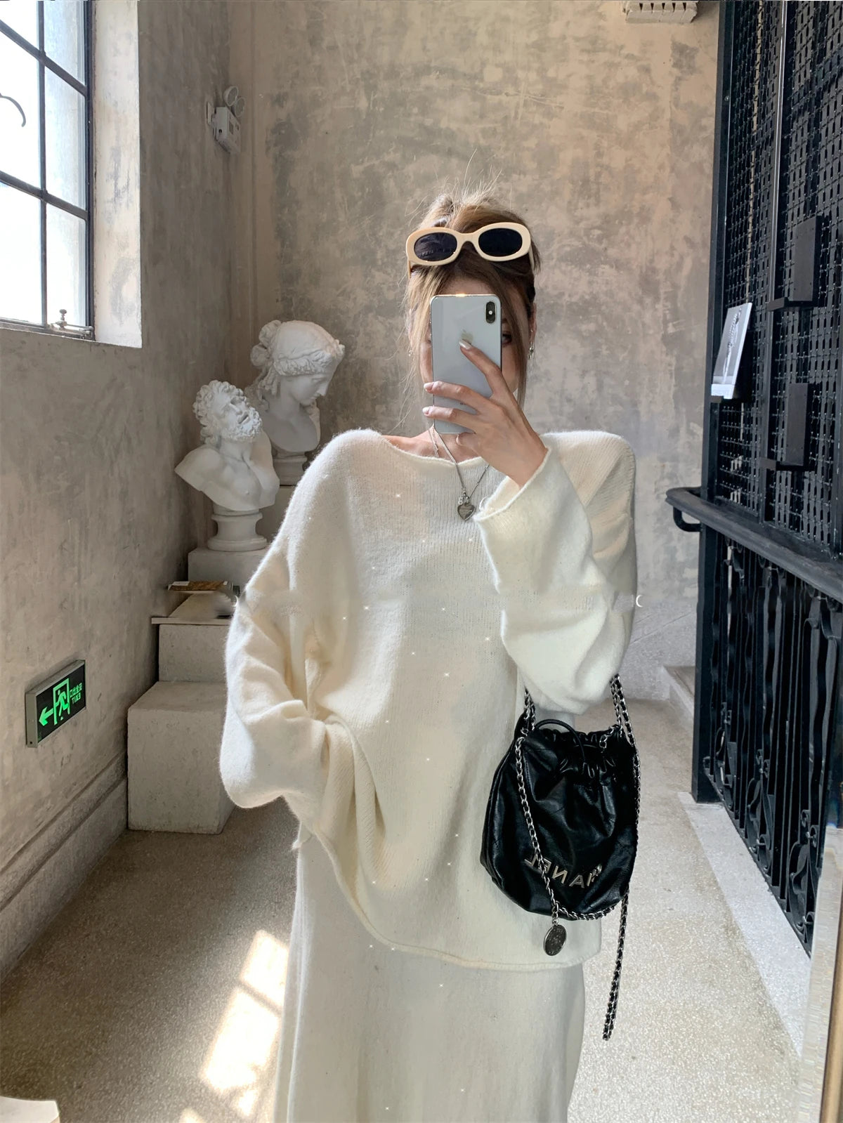 Sexy Soft Elegant Vintage Women Suits 2 Pieces Female Sets Slash Neck Sweater & Midi Dress Bling Knitted TrackSuit