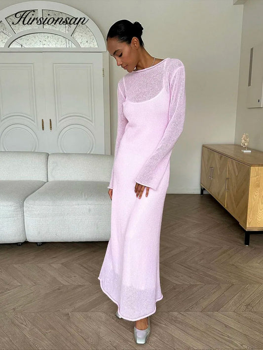 Vestidos largos de punto elástico con cuello redondo para mujer, elegantes y suaves, con diseño ahuecado, para primavera y otoño