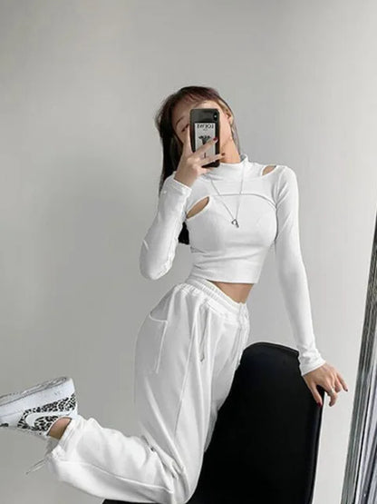 Tops cortos de punto calado para mujer, nueva camiseta de dos piezas de fitness, camisetas blancas y negras de manga larga para mujer