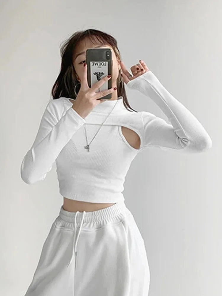 Tops cortos de punto calado para mujer, nueva camiseta de dos piezas de fitness, camisetas blancas y negras de manga larga para mujer