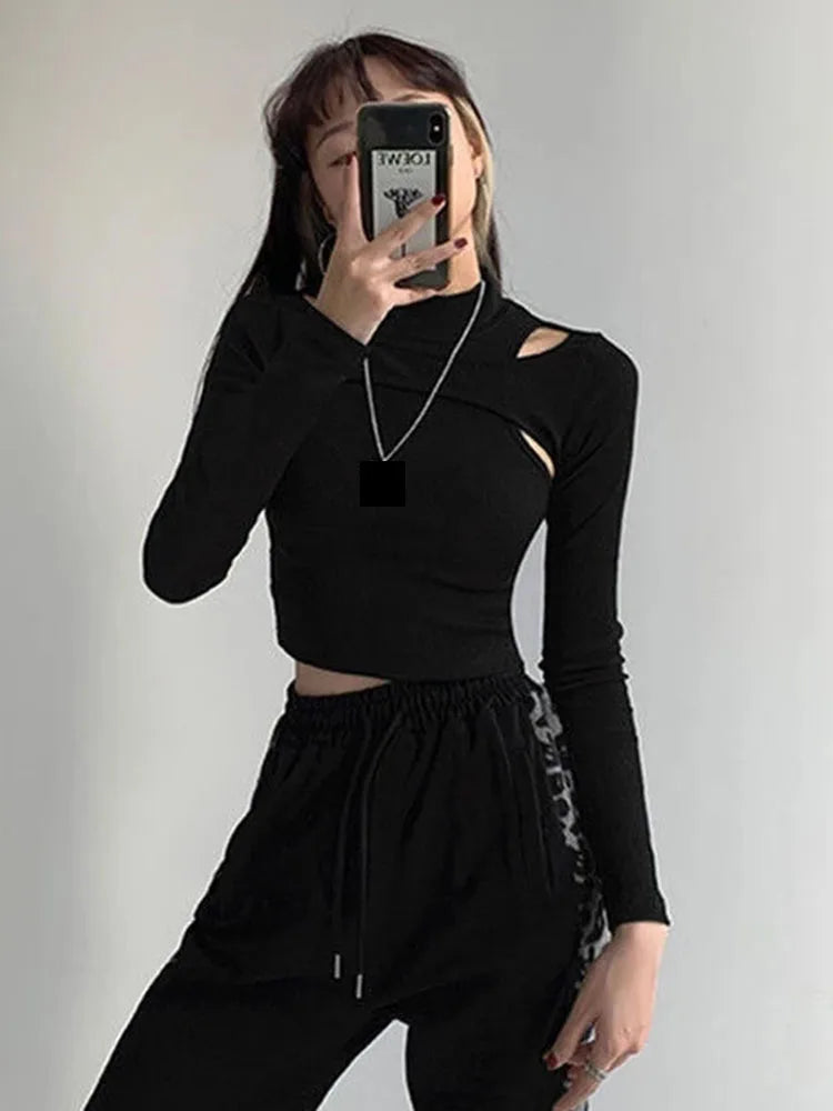Tops cortos de punto calado para mujer, nueva camiseta de dos piezas de fitness, camisetas blancas y negras de manga larga para mujer