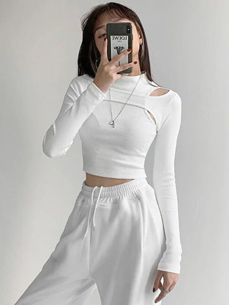 Tops cortos de punto calado para mujer, nueva camiseta de dos piezas de fitness, camisetas blancas y negras de manga larga para mujer