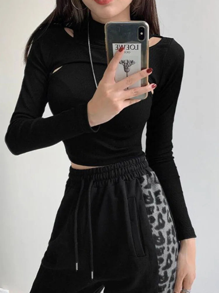 Tops cortos de punto calado para mujer, nueva camiseta de dos piezas de fitness, camisetas blancas y negras de manga larga para mujer