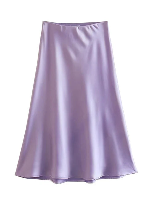 Hot Sale Solid Satin Elastic Waist Women A-Line Skirt Summer Female Slim Falda
