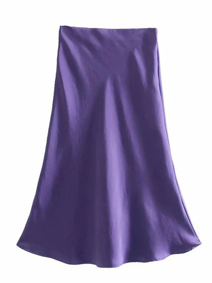 Hot Sale Solid Satin Elastic Waist Women A-Line Skirt Summer Female Slim Falda