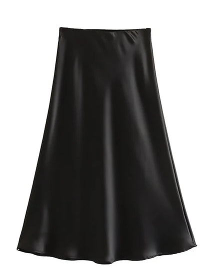 Hot Sale Solid Satin Elastic Waist Women A-Line Skirt Summer Female Slim Falda