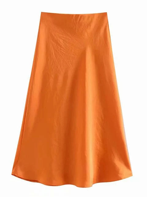 Hot Sale Solid Satin Elastic Waist Women A-Line Skirt Summer Female Slim Falda