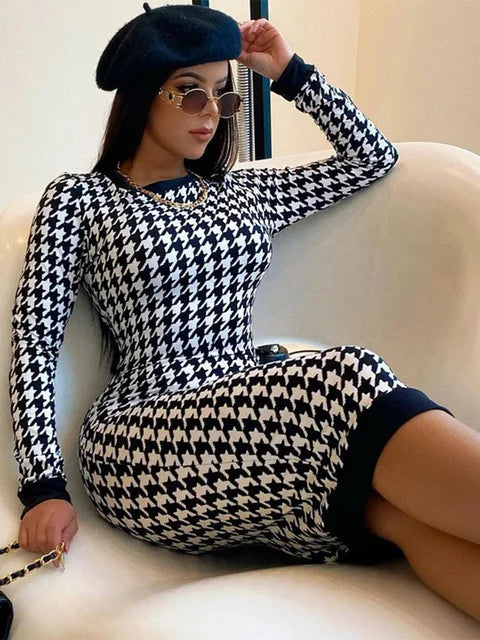 Houndstooth Print Women Long Sleeve Midi Dress Hollow Out Bodycon Sexy Streetwear 2025 Autumn Winter Club Elegant Slim