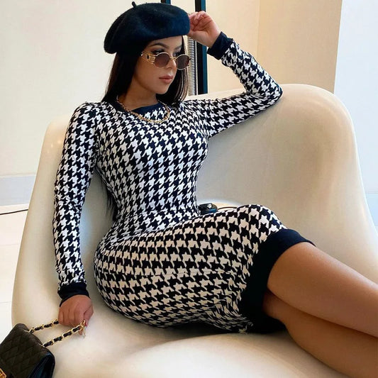 Houndstooth Print Women Long Sleeve Midi Dress Hollow Out Bodycon Sexy Streetwear 2025 Autumn Winter Club Elegant Slim