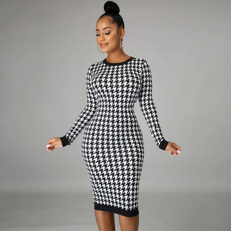 Houndstooth Print Women Long Sleeve Midi Dress Hollow Out Bodycon Sexy Streetwear 2025 Autumn Winter Club Elegant Slim