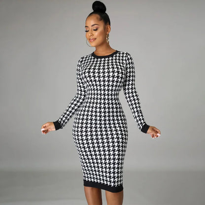Houndstooth Print Women Long Sleeve Midi Dress Hollow Out Bodycon Sexy Streetwear 2025 Autumn Winter Club Elegant Slim