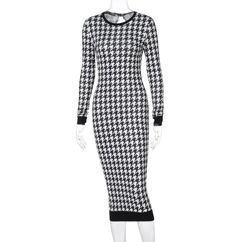 Houndstooth Print Women Long Sleeve Midi Dress Hollow Out Bodycon Sexy Streetwear 2025 Autumn Winter Club Elegant Slim