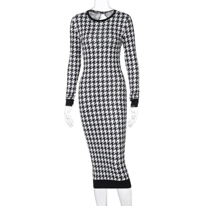 Houndstooth Print Women Long Sleeve Midi Dress Hollow Out Bodycon Sexy Streetwear 2025 Autumn Winter Club Elegant Slim