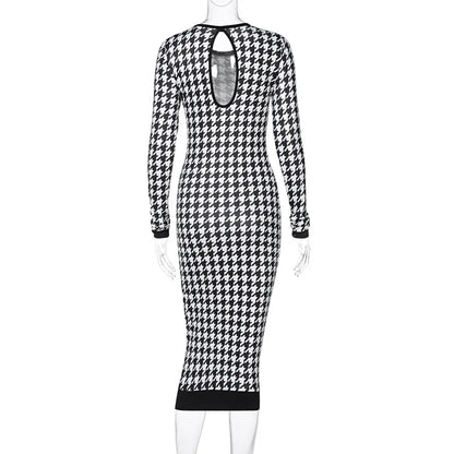 Houndstooth Print Women Long Sleeve Midi Dress Hollow Out Bodycon Sexy Streetwear 2025 Autumn Winter Club Elegant Slim
