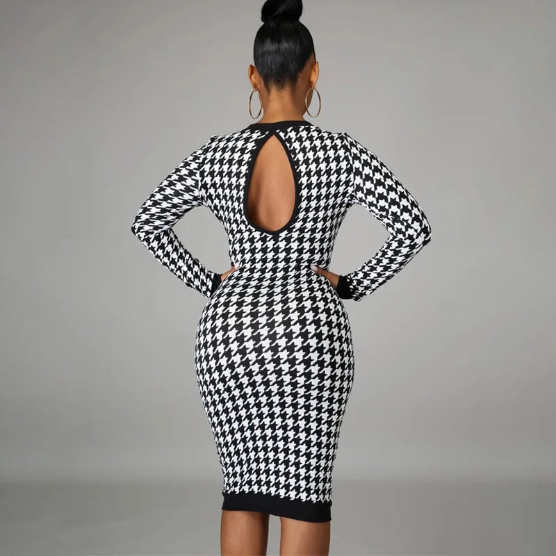 Houndstooth Print Women Long Sleeve Midi Dress Hollow Out Bodycon Sexy Streetwear 2025 Autumn Winter Club Elegant Slim