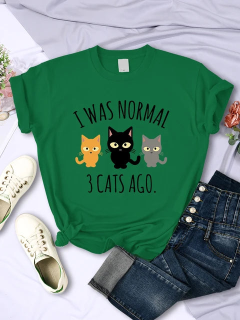 Camisetas con estampado "I Was Normal 3 Cats Ago" para mujer, informales, multicolores, estilo hip hop, de manga corta y cuello redondo para verano
