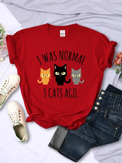Camisetas con estampado "I Was Normal 3 Cats Ago" para mujer, informales, multicolores, estilo hip hop, de manga corta y cuello redondo para verano