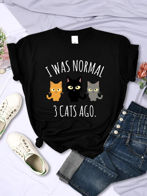 Camisetas con estampado "I Was Normal 3 Cats Ago" para mujer, informales, multicolores, estilo hip hop, de manga corta y cuello redondo para verano