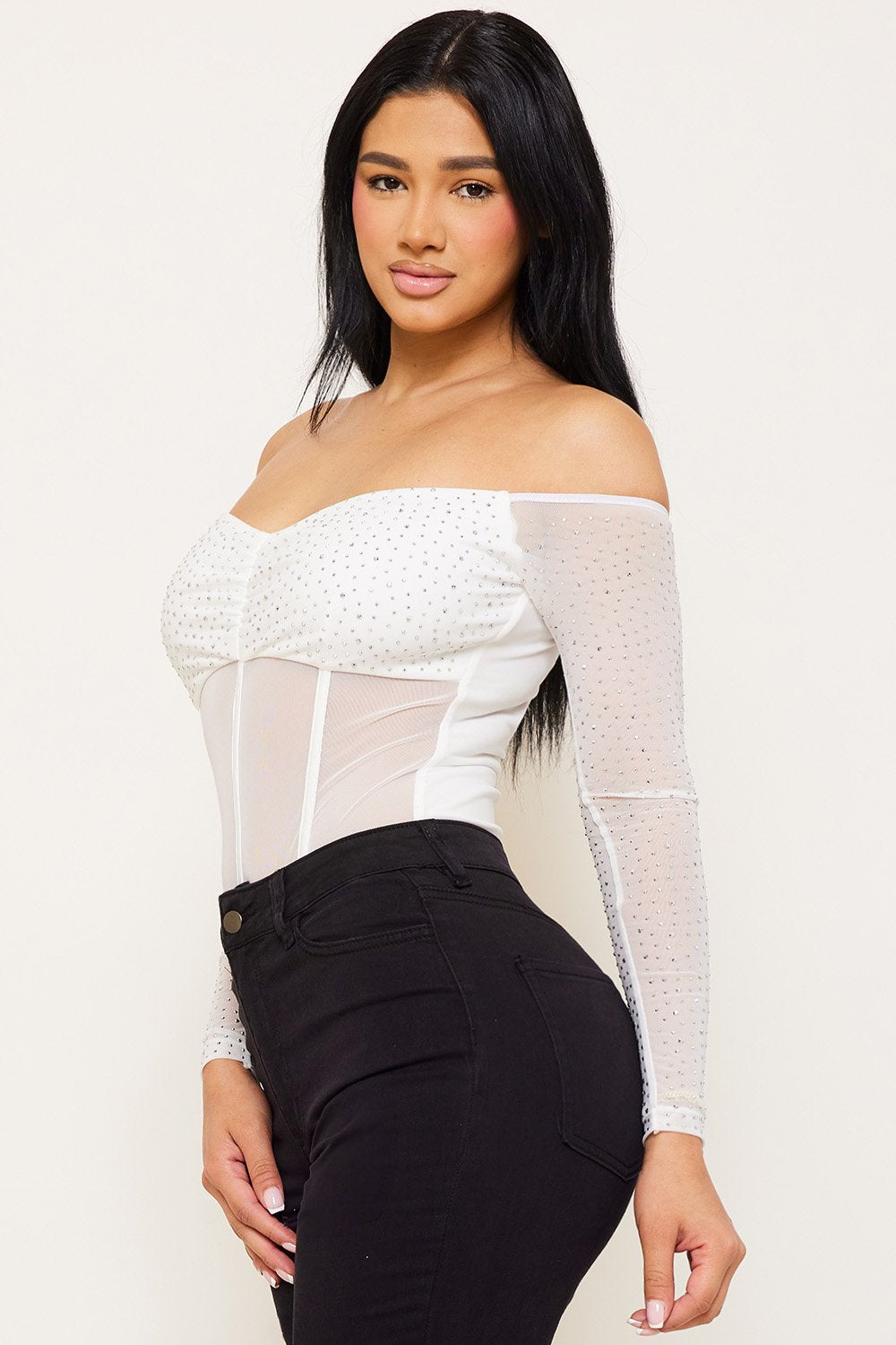 Symphony Bodysuit - Rhinestone Off The Shoulder Bodysuit