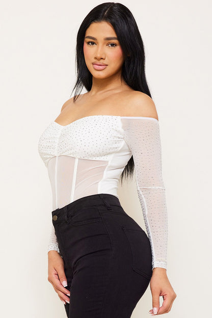 Symphony Bodysuit - Rhinestone Off The Shoulder Bodysuit