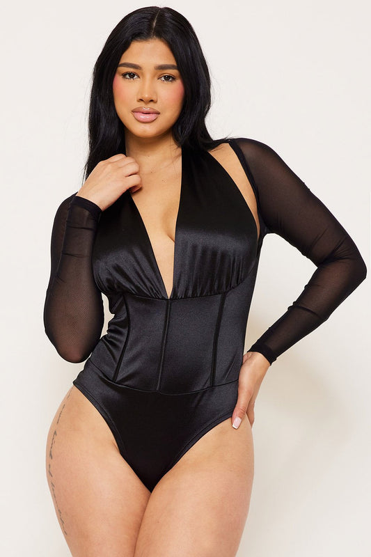 Symphony Bodysuit - Satin And Mesh Panelled Bodysuit