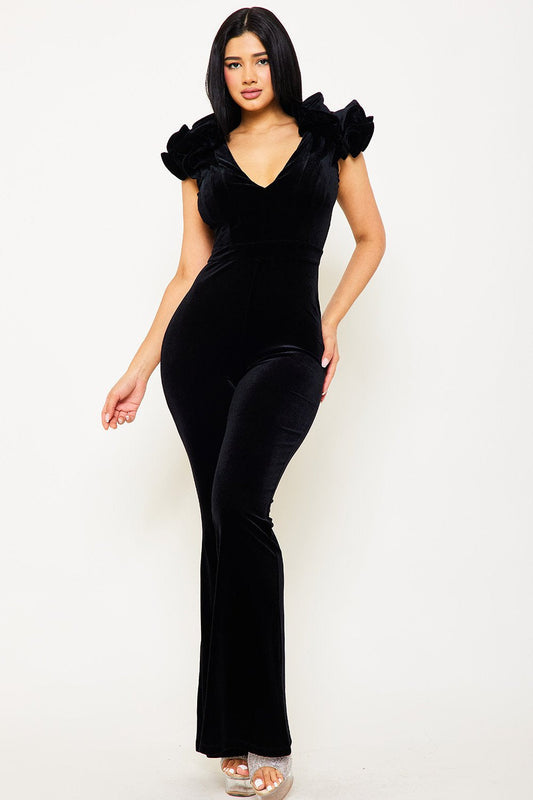 Symphony Jumpsuit - Velvet Ruffle Shoulder Jumpsuit