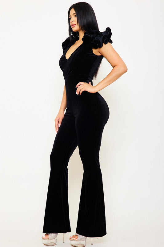 Symphony Jumpsuit - Velvet Ruffle Shoulder Jumpsuit