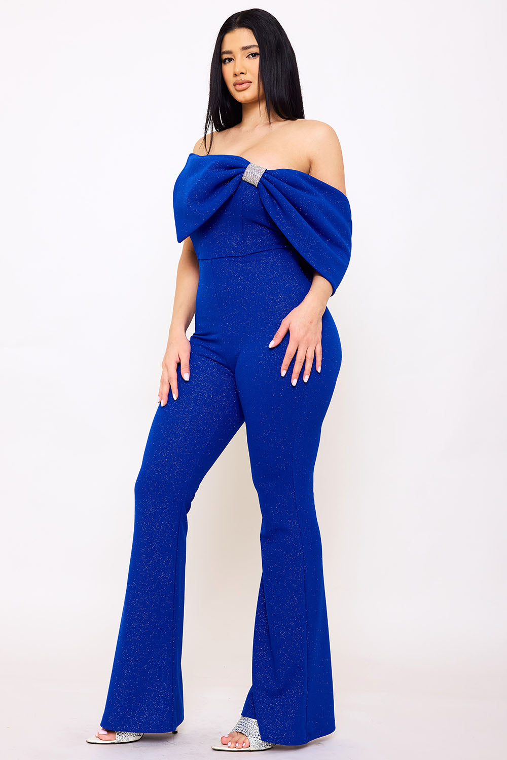 Symphony Jumpsuit - Glitter Techno Crepe Large Bow Front Jumpsuit
