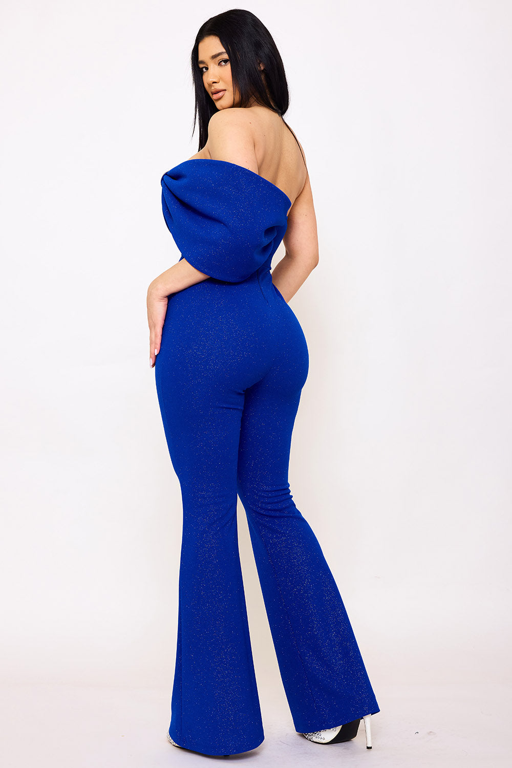Symphony Jumpsuit - Glitter Techno Crepe Large Bow Front Jumpsuit