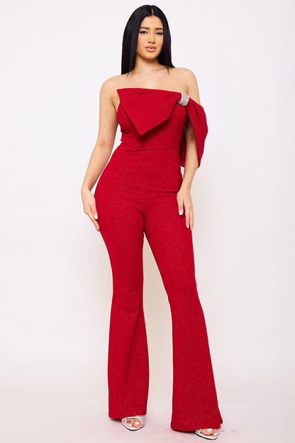 Symphony Jumpsuit - Glitter Techno Crepe Large Bow Front Jumpsuit