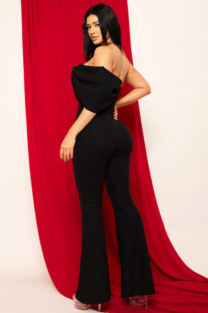 Symphony Jumpsuit - Glitter Techno Crepe Large Bow Front Jumpsuit