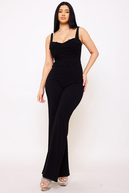 Symphony Jumpsuit - Beaded Detail Techno Crepe Jumpsuit