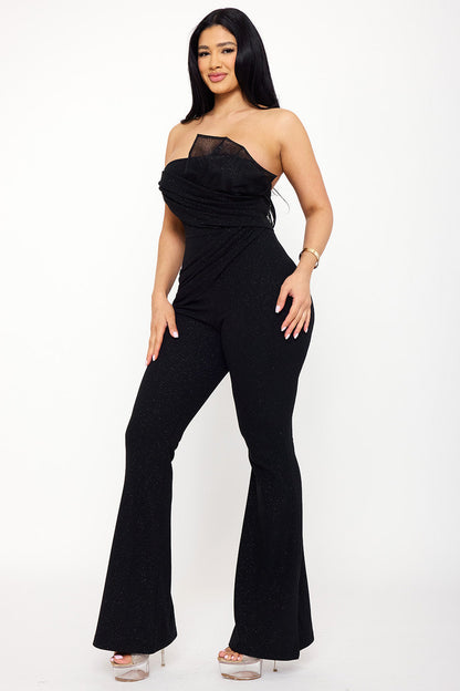 Symphony Jumpsuits - Glitter Tube Top With Mesh Panel Jumpsuit