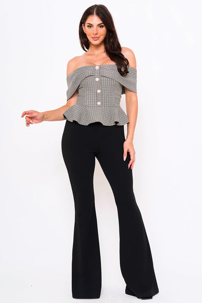 Symphony Jumpsuit - Tweed Off The Shoulder Peplum Top Jumpsuit